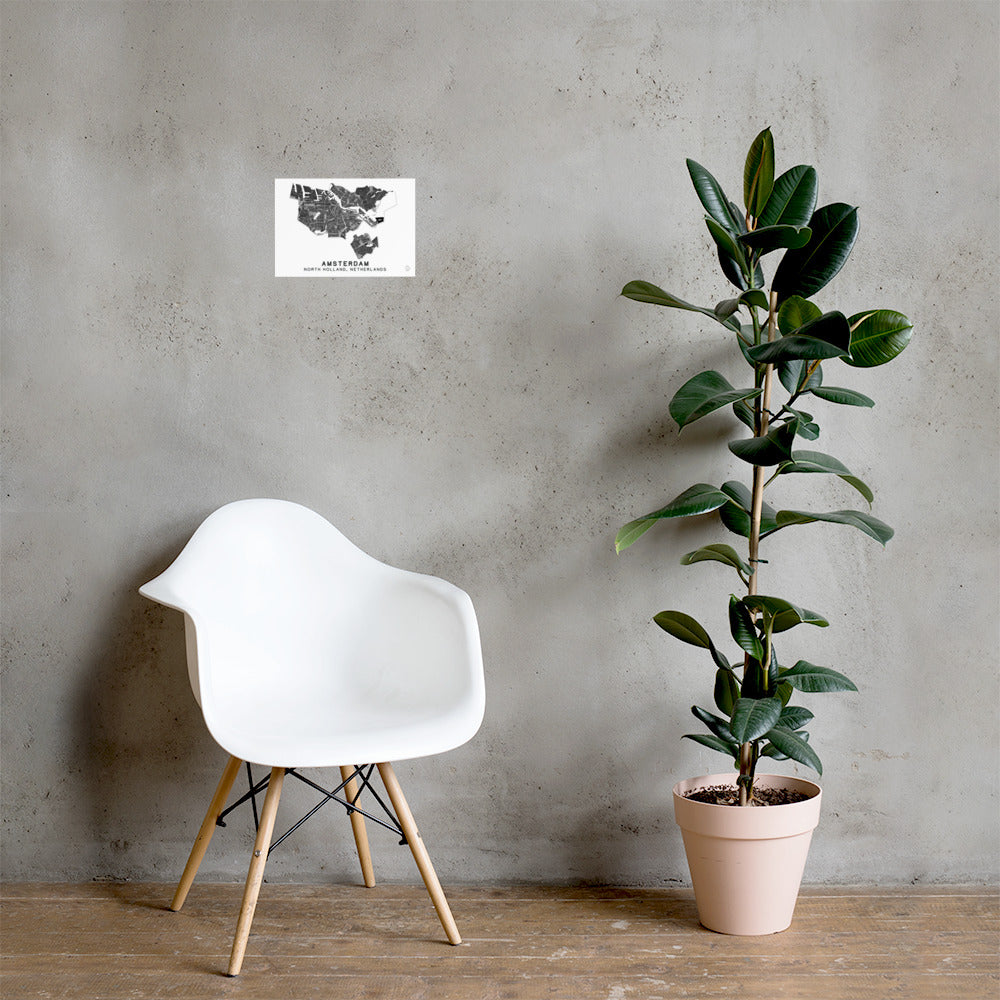 Map of Amsterdam in Black and white, bottom text "Amsterdam, North Holland, Netherlands" 21 x 30 cm