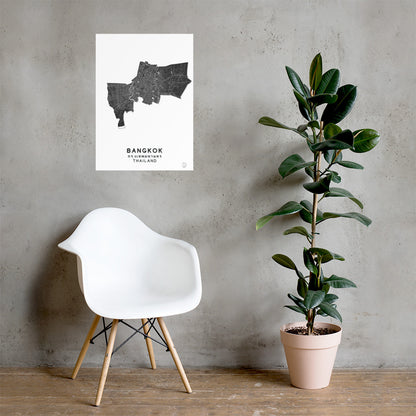 Mapa minimalista de Bangkok, Tailandia: decoración de pared elegante para viajeros | Preciso y hecho a mano | Blanco y negro | Póster de decoración del hogar, regalo perfecto