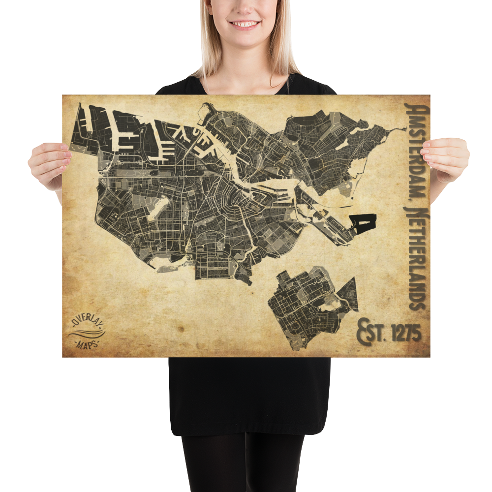 Map of Amsterdam in old style, vintage, Black and white, bottom text "Amsterdam, Netherlands, EST. 1275" Background is old paper-like texture. Size 50 x 70 cm