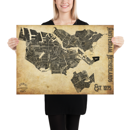 Map of Amsterdam in old style, vintage, Black and white, bottom text "Amsterdam, Netherlands, EST. 1275" Background is old paper-like texture. Size 50 x 70 cm