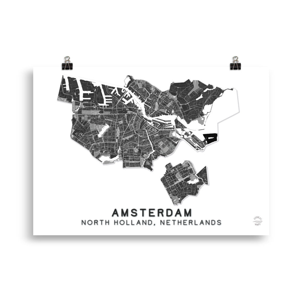 Map of Amsterdam in Black and white, bottom text "Amsterdam, North Holland, Netherlands" the link of this map is for dowloading digital file in PDF