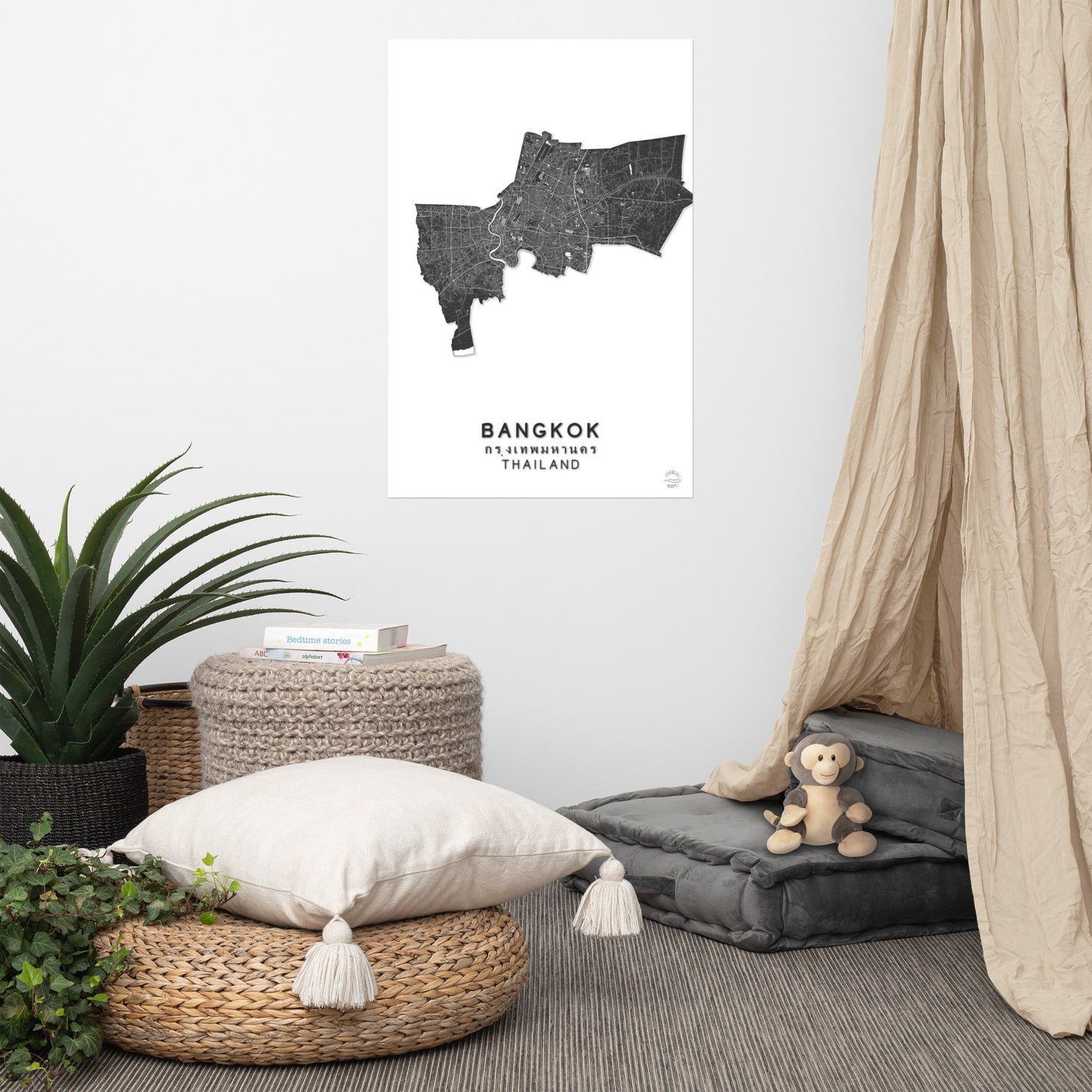 Mapa minimalista de Bangkok, Tailandia: decoración de pared elegante para viajeros | Preciso y hecho a mano | Blanco y negro | Póster de decoración del hogar, regalo perfecto