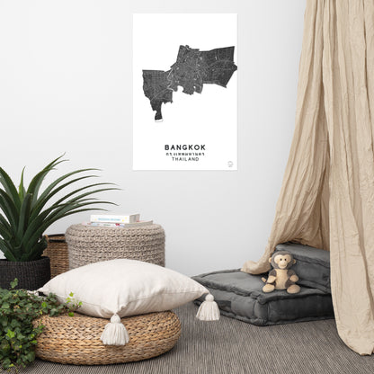 Mapa minimalista de Bangkok, Tailandia: decoración de pared elegante para viajeros | Preciso y hecho a mano | Blanco y negro | Póster de decoración del hogar, regalo perfecto