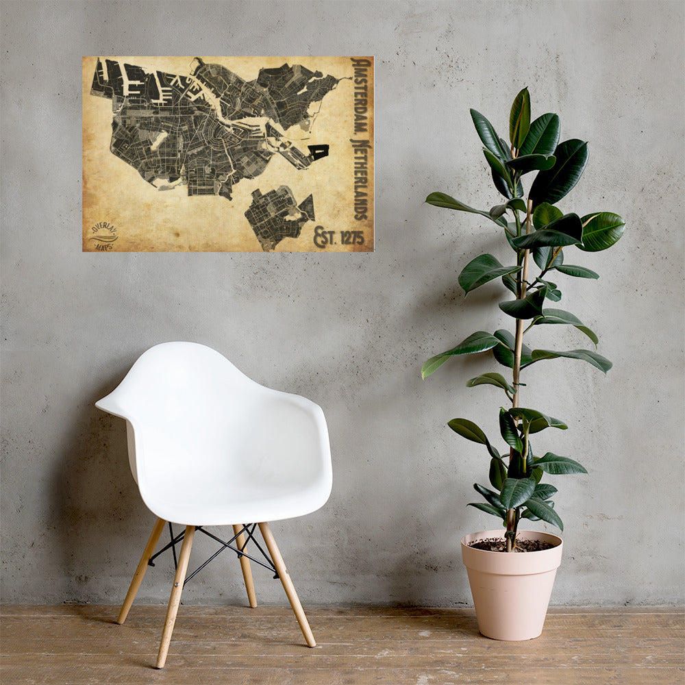 Amsterdam, Netherlands Old Style Map Poster, Costum City Map, Map Print, Travel Poster, Map Wall Art, Perfect Gift