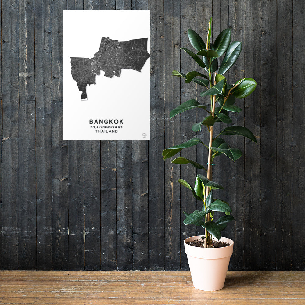 Mapa minimalista de Bangkok, Tailandia: decoración de pared elegante para viajeros | Preciso y hecho a mano | Blanco y negro | Póster de decoración del hogar, regalo perfecto