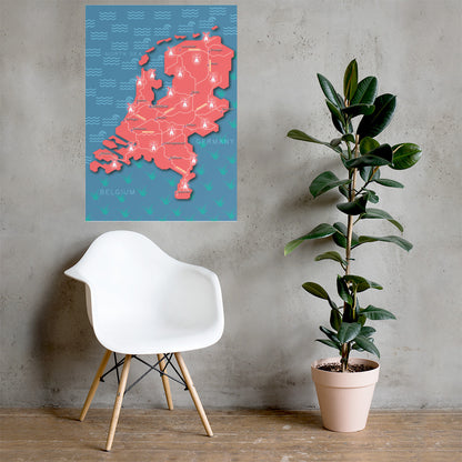 Netherlands Railway Map, Costum Map, Map Print, Travel Poster, Map Wall Art, Perfect Gift