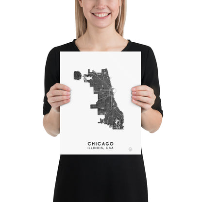 Mapa minimalista de Chicago, Illinois, EE. UU.: decoración de pared elegante para viajeros | Preciso y hecho a mano | Blanco y negro | Póster de decoración del hogar, regalo perfecto