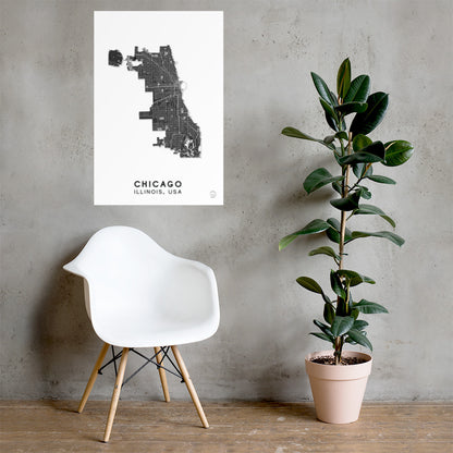 Mapa minimalista de Chicago, Illinois, EE. UU.: decoración de pared elegante para viajeros | Preciso y hecho a mano | Blanco y negro | Póster de decoración del hogar, regalo perfecto